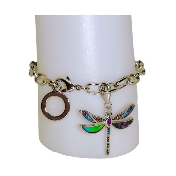 925 Sterling Silver Round Created Ruby Gemstone MOP Dragonfly Charm Bracelet 7" - Picture 6 of 9